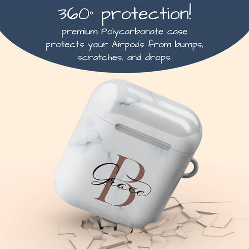 Monogram Personalized White Marble AirPods Case